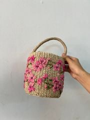 Túi Cói Abaca Dáng Trụ Thêu Hoa - HOA ĐÀO