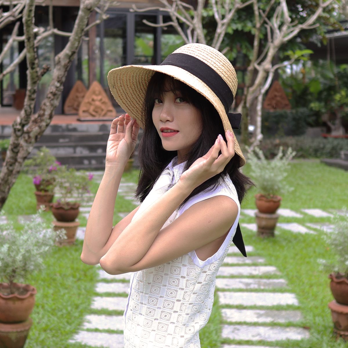 Nón Cói Raffia Chóp Tròn Vành 9cm - NƠ ĐEN