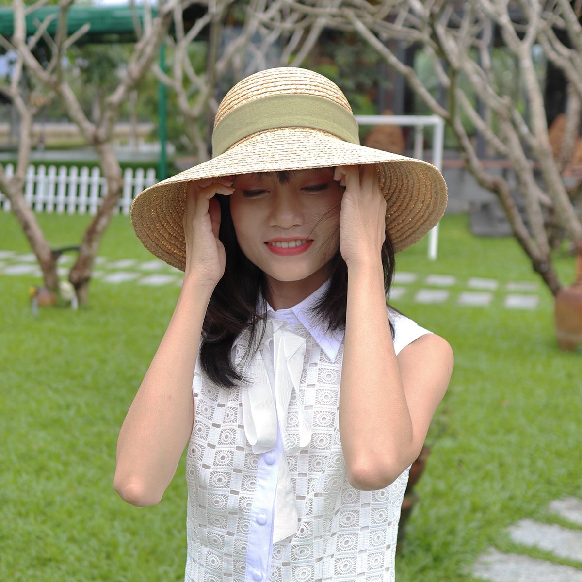 Nón Cói Raffia Chóp Tròn Vành 9cm - NƠ ĐEN