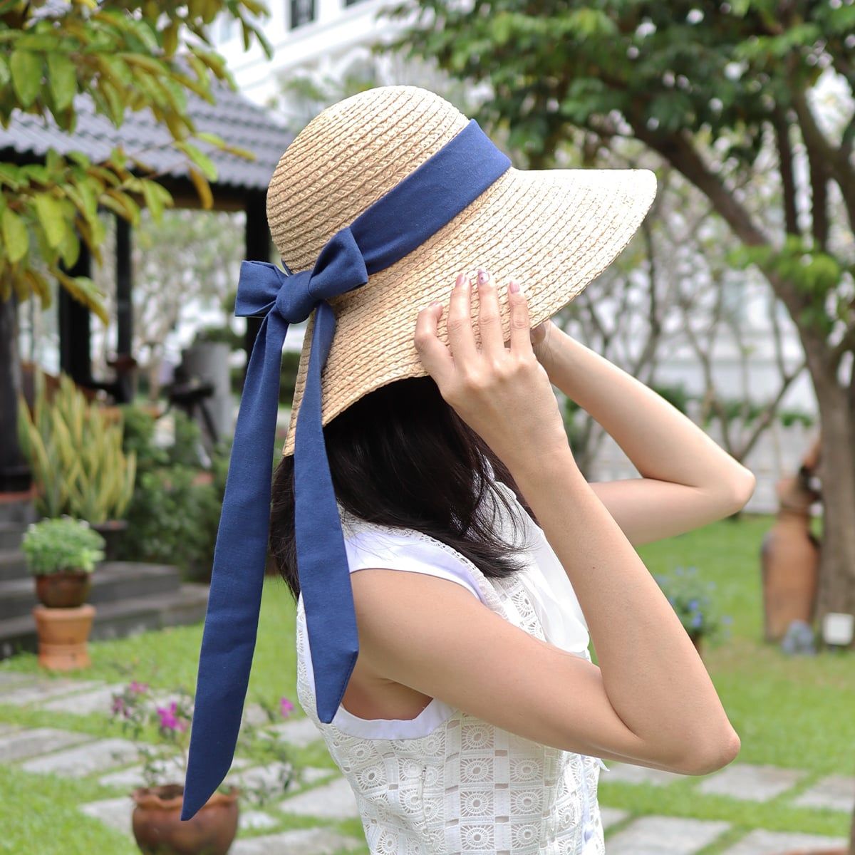 Nón Cói Raffia Chóp Tròn Vành 9cm - NƠ ĐEN