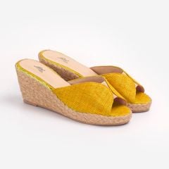 Guốc Mules Cói Hở Mũi Phối Vải Hemp 6cm - HOÀNG HÔN