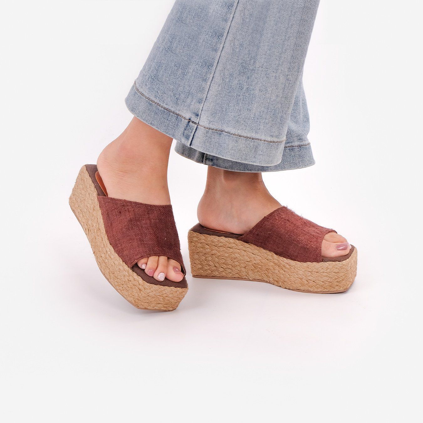 Dép Cói Đế Bằng Quai Ngang Phối Vải Hemp 5cm - NGỌC THẠCH
