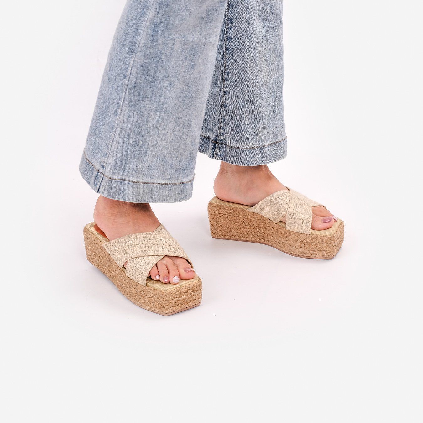 Dép Cói Đế Bằng Quai Chữ X Phối Vải Hemp 5cm - SA THẠCH