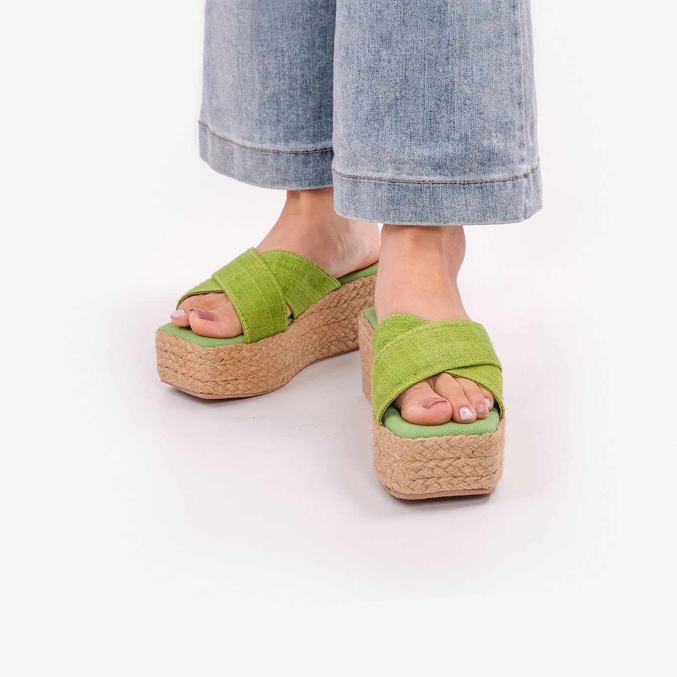 Dép Cói Đế Bằng Quai Chữ X Phối Vải Hemp 5cm - SA THẠCH