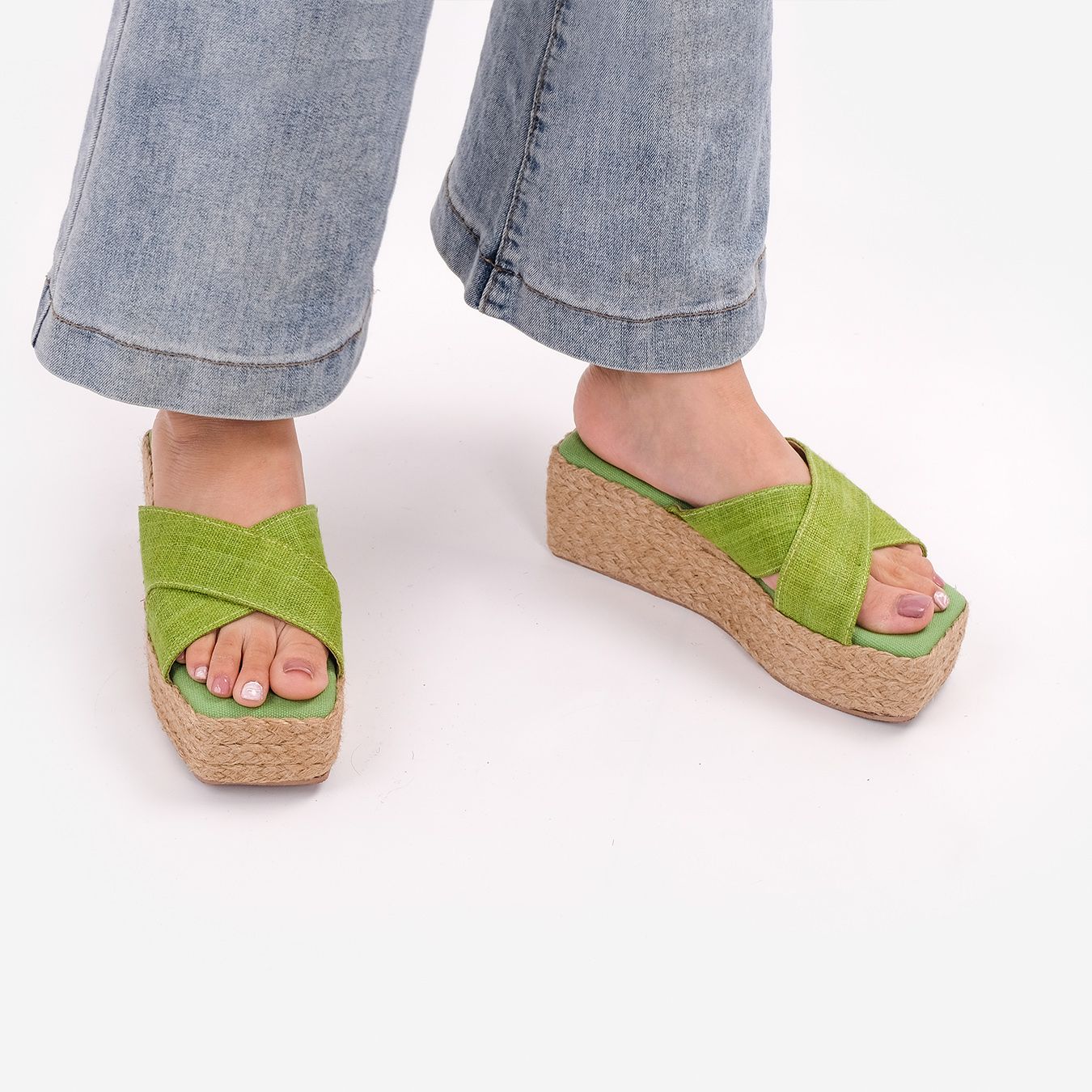 Dép Cói Đế Bằng Quai Chữ X Phối Vải Hemp 5cm - SA THẠCH
