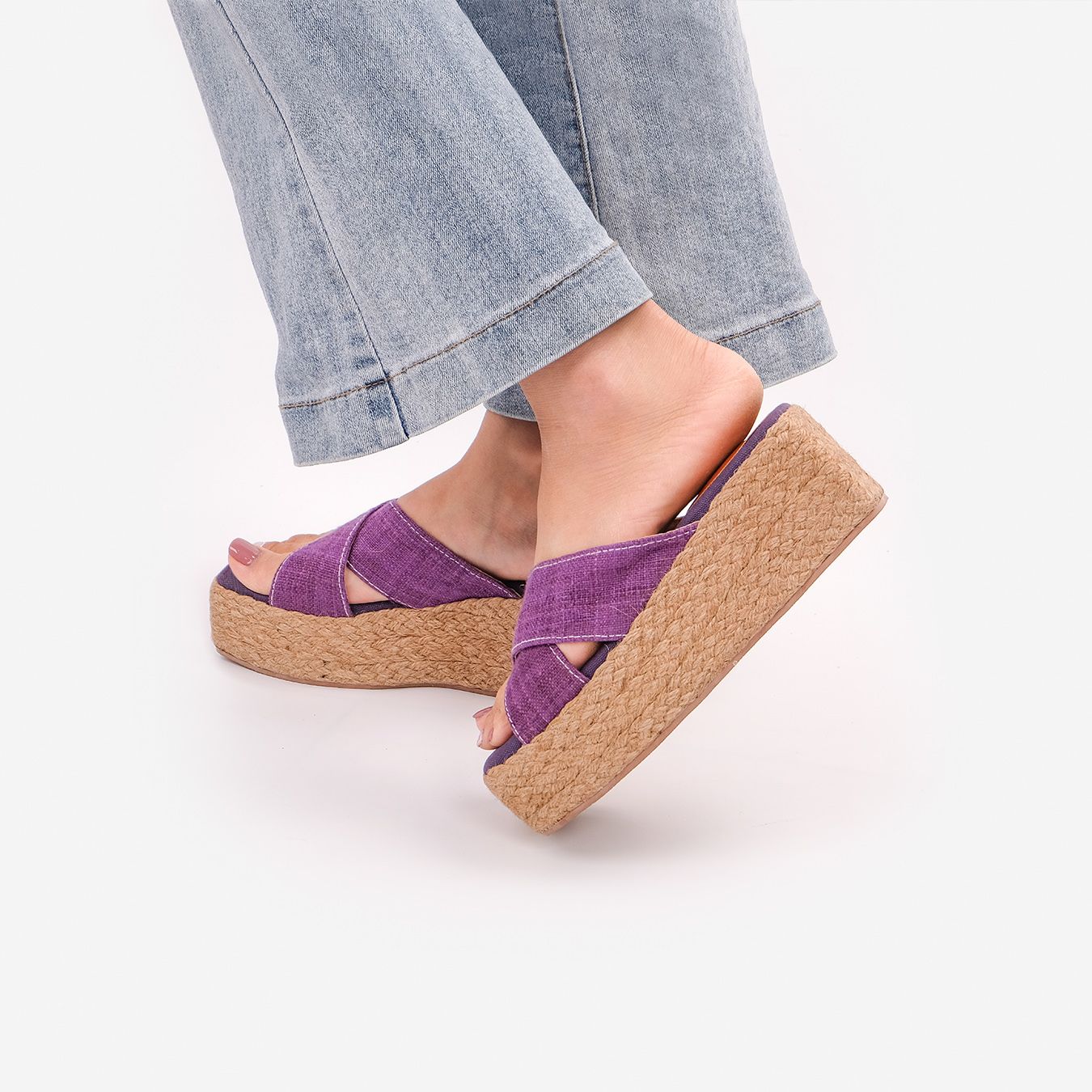 Dép Cói Đế Bằng Quai Chữ X Phối Vải Hemp 5cm - SA THẠCH