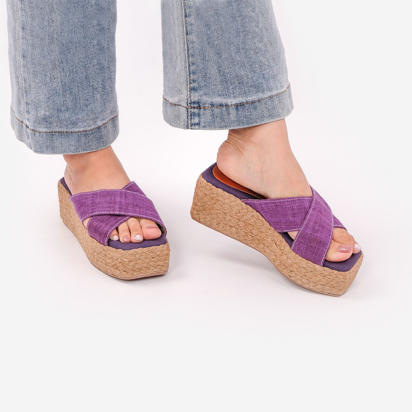 Dép Cói Đế Bằng Quai Chữ X Phối Vải Hemp 5cm - SA THẠCH