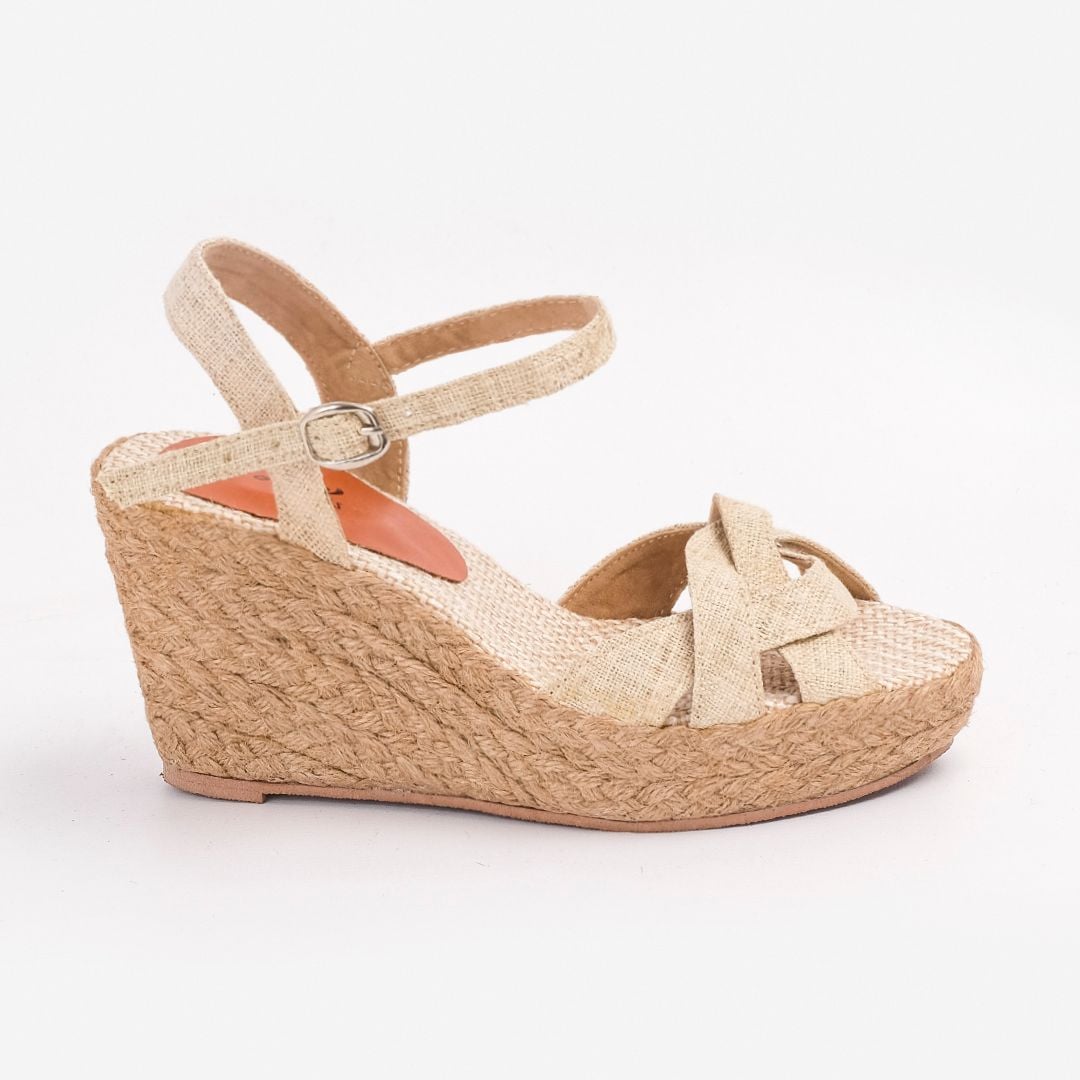 THANH ĐIỀN - Sandal Cói Đế Xuồng Quai Đan Họa Tiết Phối Vải Hemp 9cm