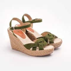 Sandal Cói Đế Xuồng Quai Đan Hoạ Tiết Phối Vải Hemp 8cm - THANH ĐIỀN