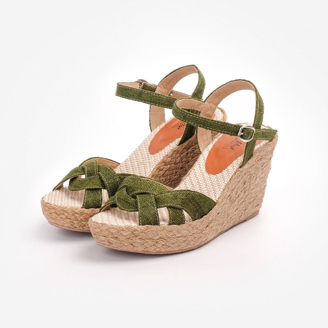 THANH ĐIỀN - Sandal Cói Đế Xuồng Quai Đan Họa Tiết Phối Vải Hemp 9cm
