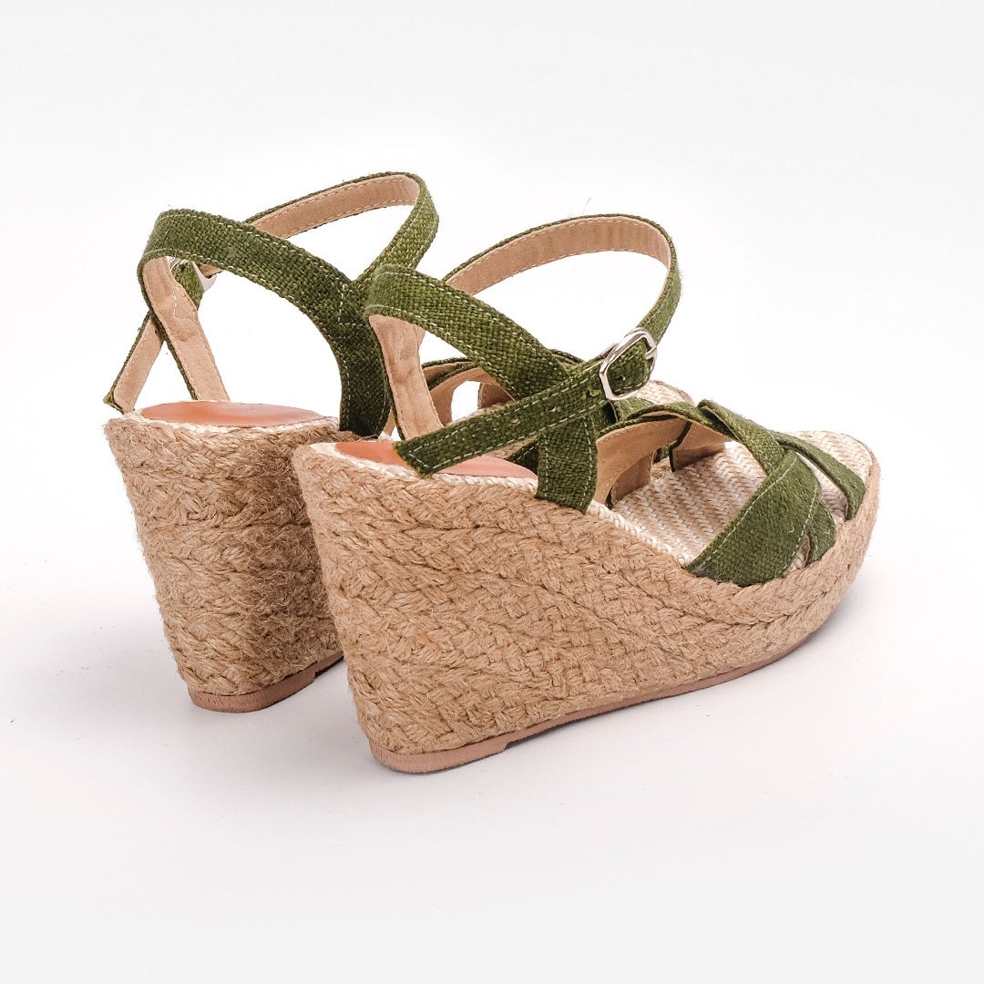 THANH ĐIỀN - Sandal Cói Đế Xuồng Quai Đan Họa Tiết Phối Vải Hemp 9cm