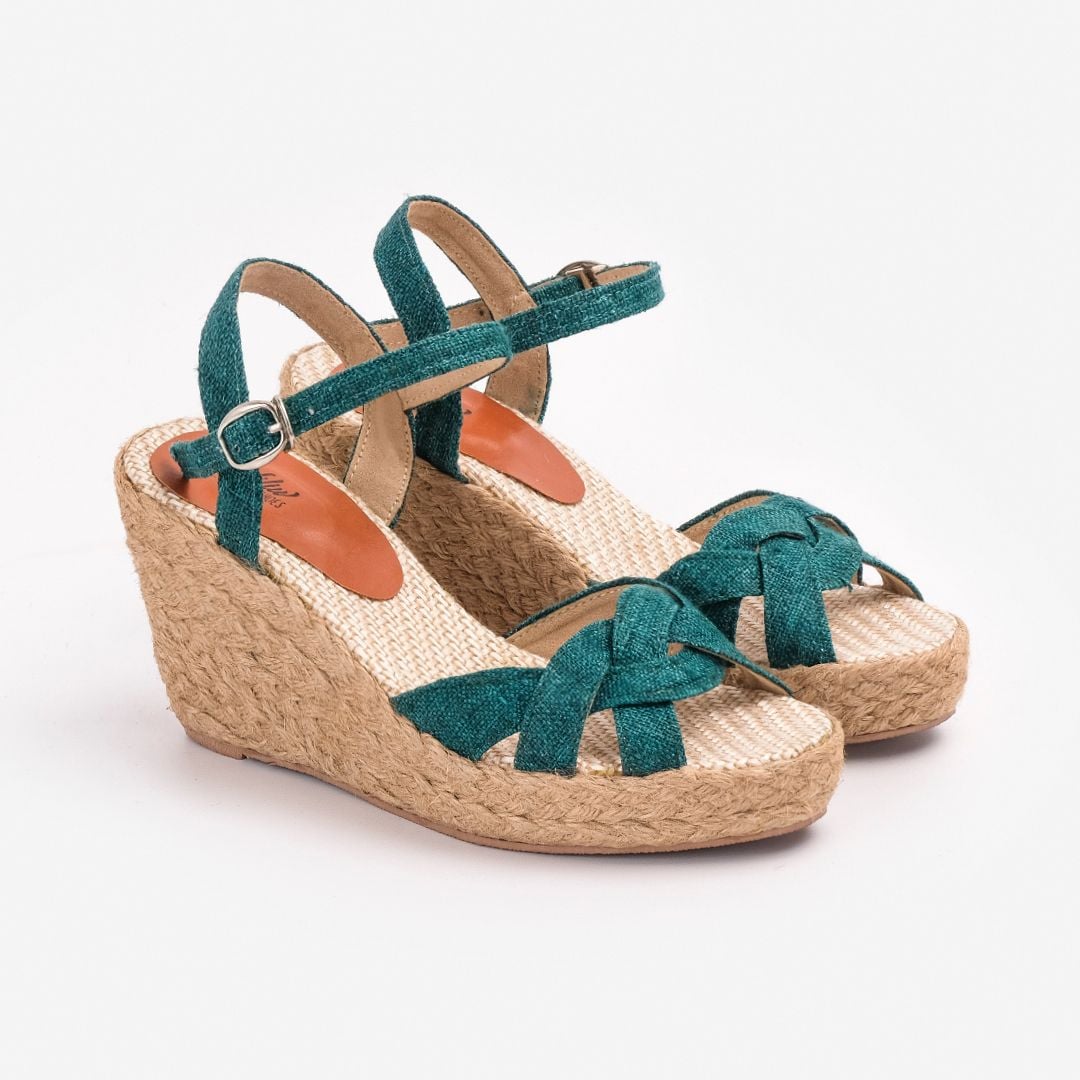 THANH ĐIỀN - Sandal Cói Đế Xuồng Quai Đan Họa Tiết Phối Vải Hemp 9cm