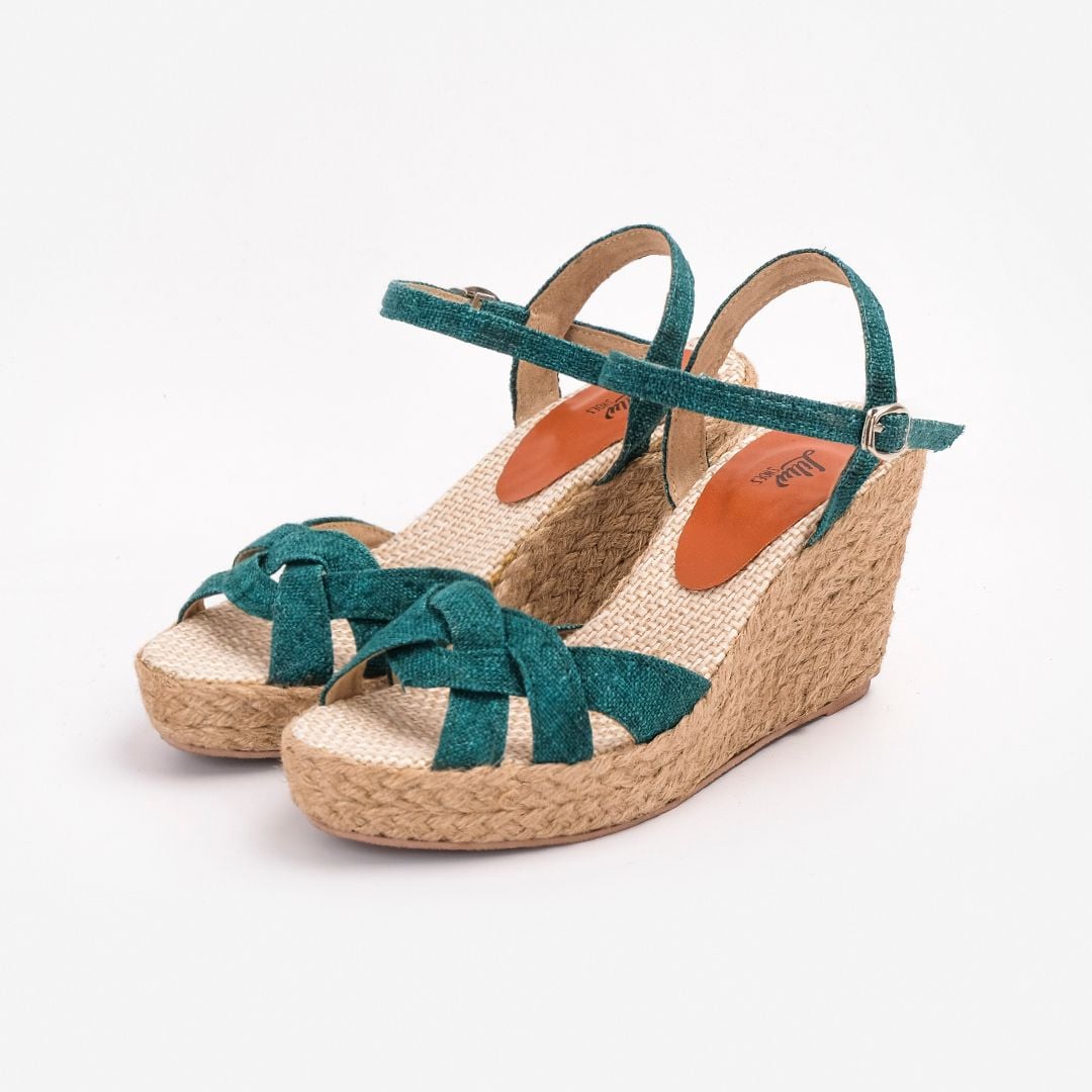 THANH ĐIỀN - Sandal Cói Đế Xuồng Quai Đan Họa Tiết Phối Vải Hemp 9cm