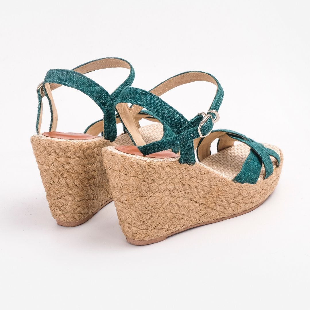 THANH ĐIỀN - Sandal Cói Đế Xuồng Quai Đan Họa Tiết Phối Vải Hemp 9cm