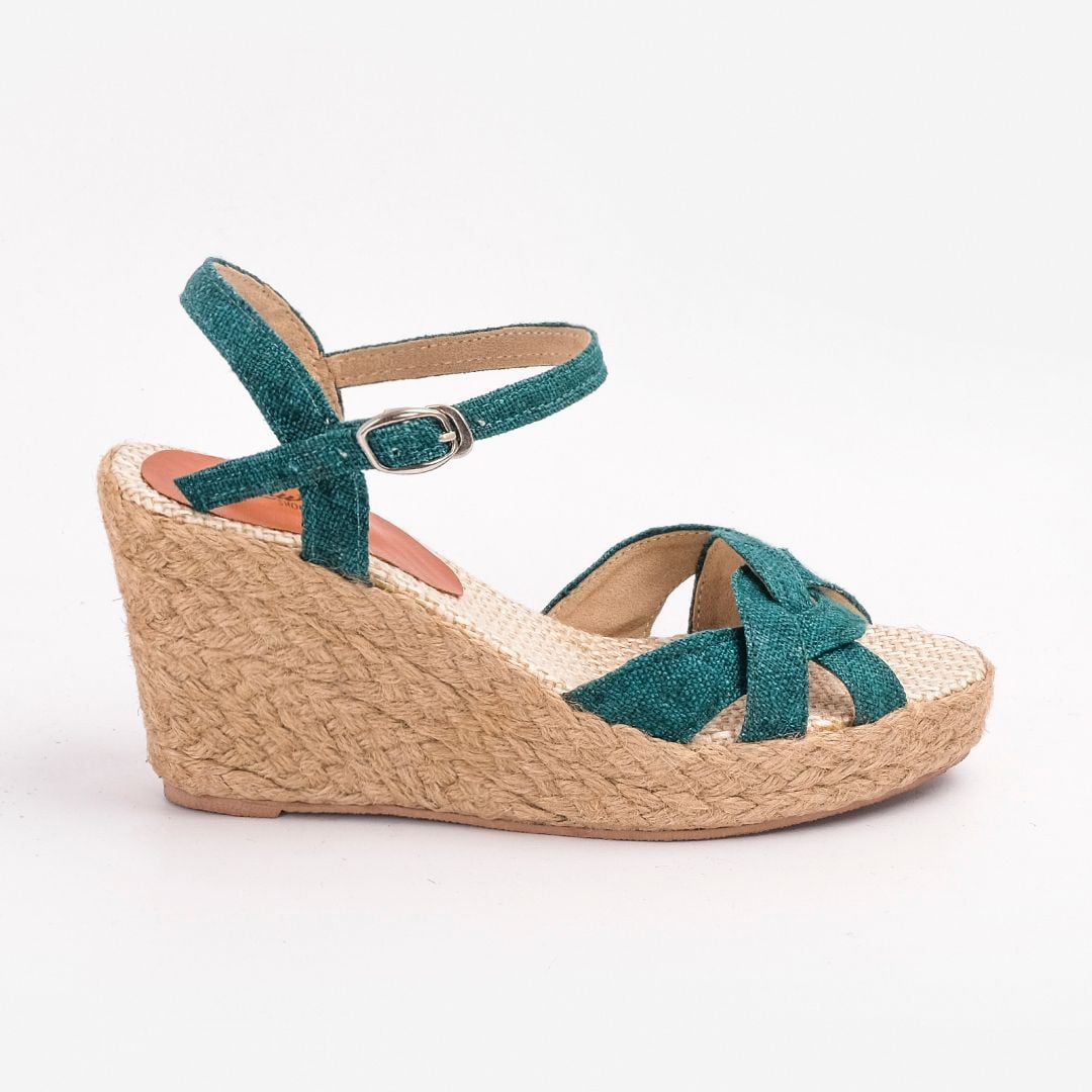 THANH ĐIỀN - Sandal Cói Đế Xuồng Quai Đan Họa Tiết Phối Vải Hemp 9cm