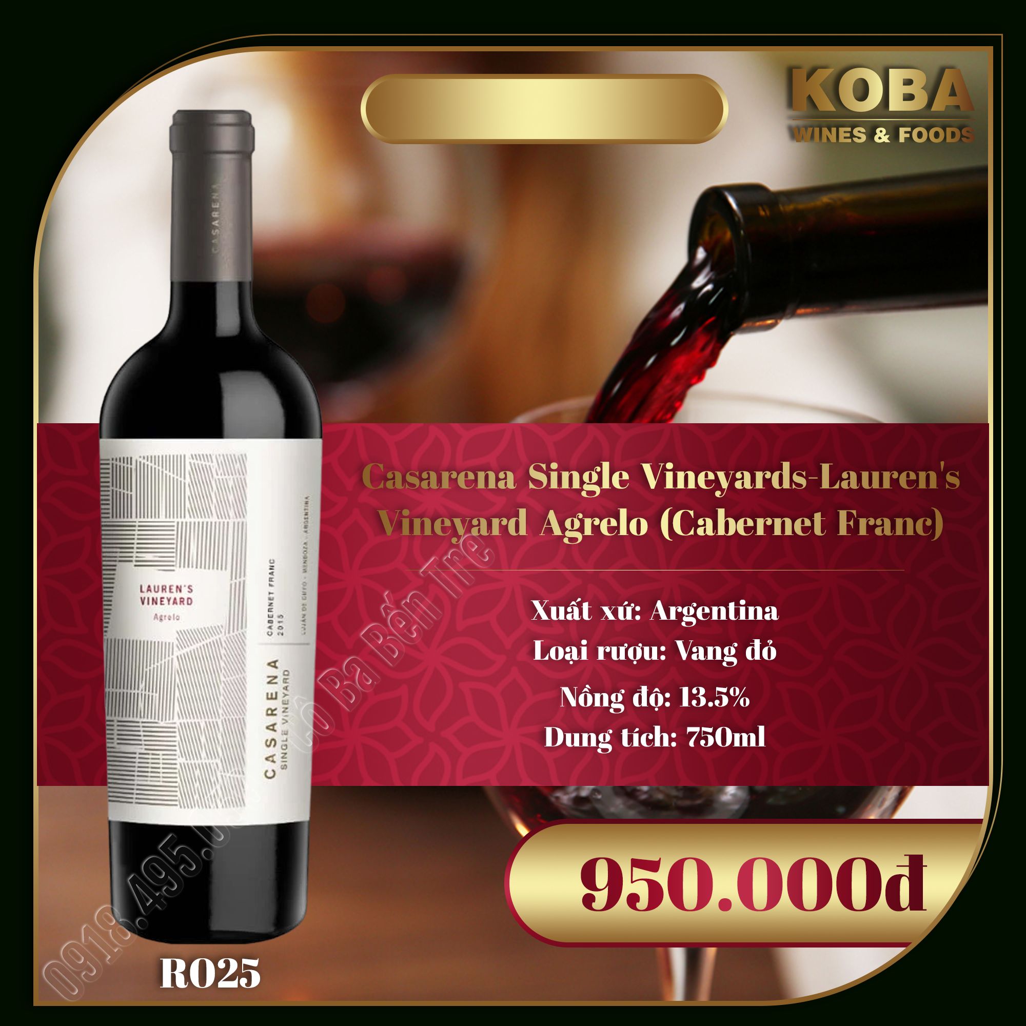 Rượu Vang Đỏ Argentina - Casarena Single Vineyards-Lauren's Vineyard Agrelo (Cabernet Franc) -13.5 độ