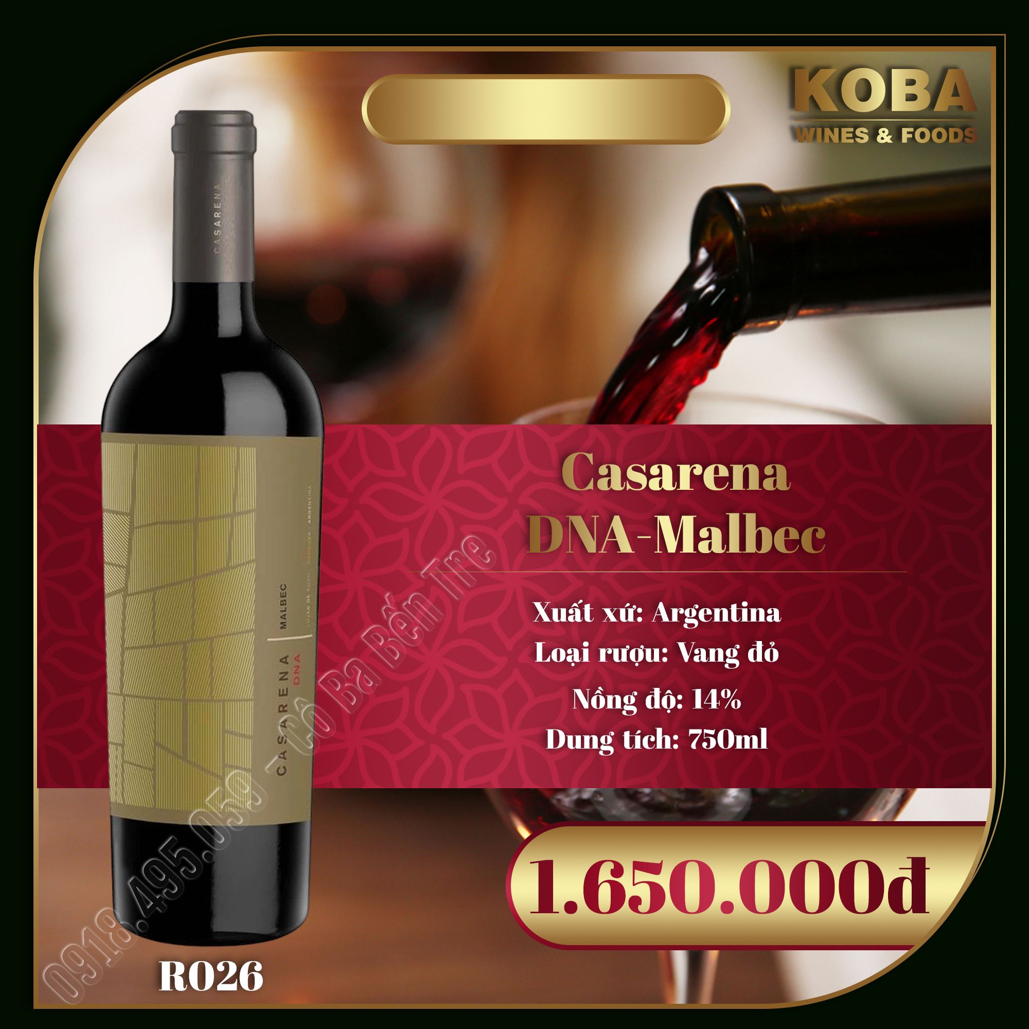 Rượu Vang Đỏ Argentina - Casarena DNA-Malbec - 14 độ