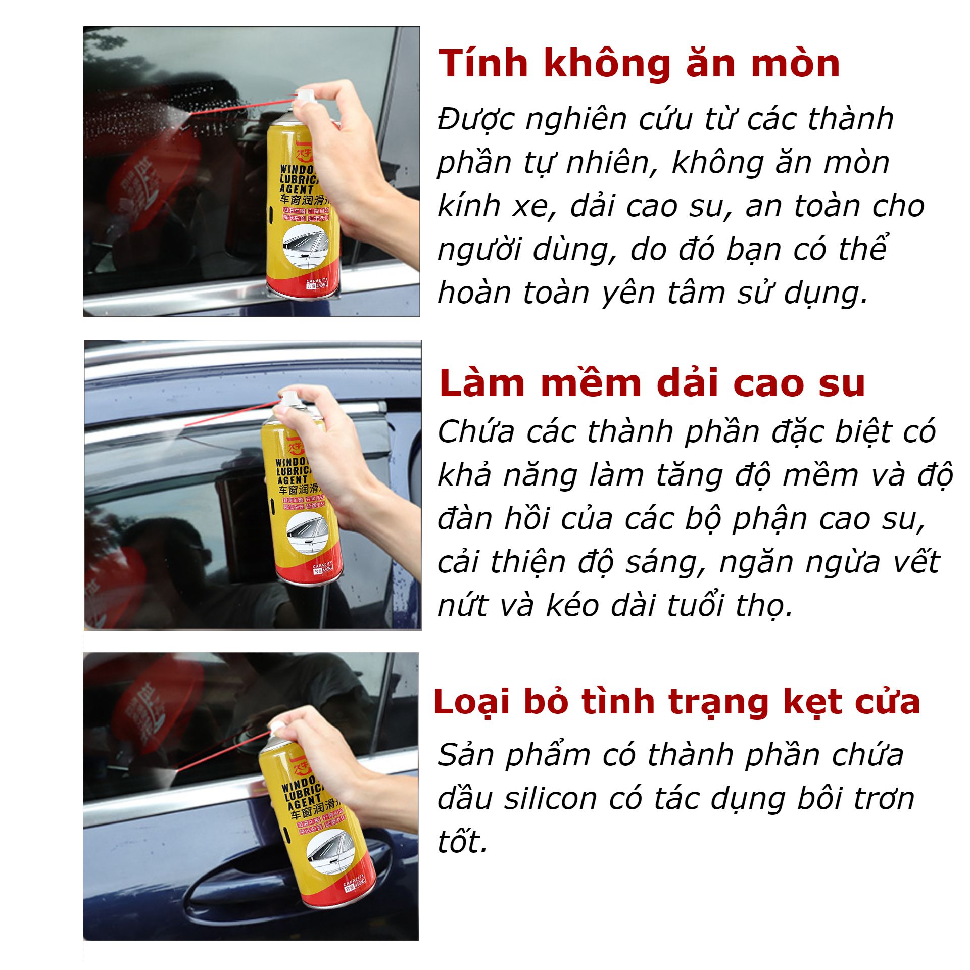 Chai xịt bôi trơn gioăng cửa kính ô tô xe hơi dung dịch bảo dưỡng làm mới cao su chống kẹt, phá rỉ sét