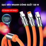 Dây Cáp Sạc Nhanh 3 Đầu 120w Hỗ Trợ Sạc Nhanh 3 Trong 1, Chất Liệu Silicon và Hợp Kim Kẽm Siều Bền
