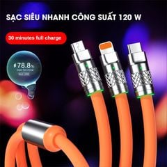 Dây Cáp Sạc Nhanh 3 Đầu 120w Hỗ Trợ Sạc Nhanh 3 Trong 1, Chất Liệu Silicon và Hợp Kim Kẽm Siều Bền