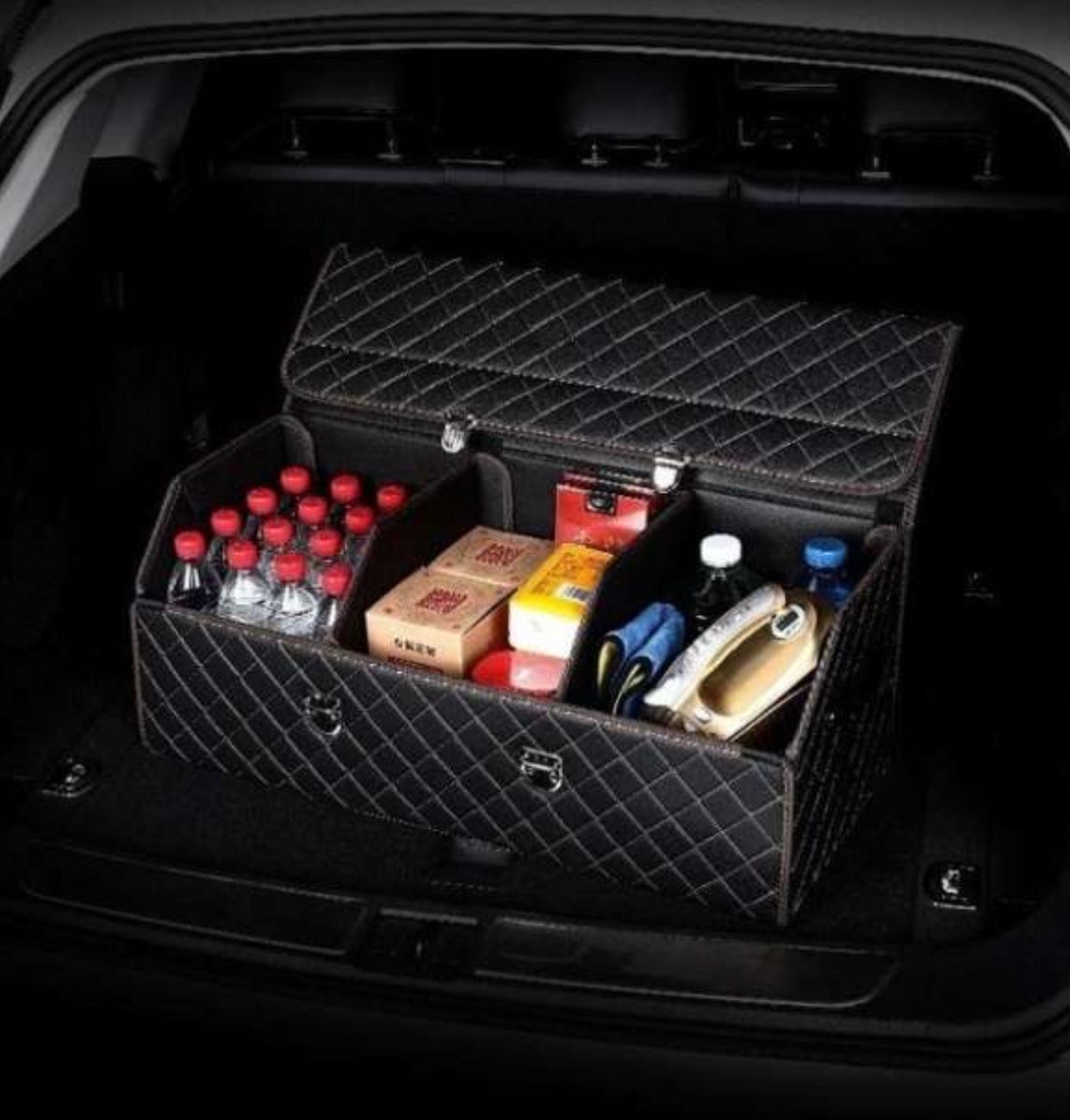 Thùng đựng đồ đa năng cốp sau ô tô bọc da cao cấp , có nắp gấp, gọn gàng , chứa được nhiều đồ