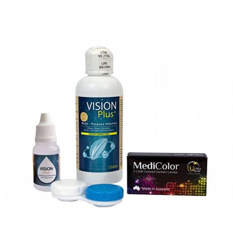  [COMBO F] Một Cặp Kính Áp Tròng Australia Màu Đen Medicolor 3 Tháng + Nước Ngâm + Nước Nhỏ Mắt 