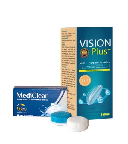  [COMBO P] Một Cặp Kính Áp Tròng Australia Cận Thị Mediclear 3 Tháng + Nước Ngâm 360 ml 