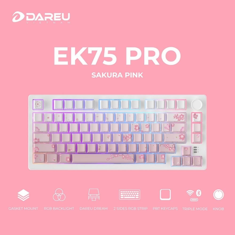 Bàn phím cơ DareU EK75 Pro Triple Mode Sakura Pink, Dream switch