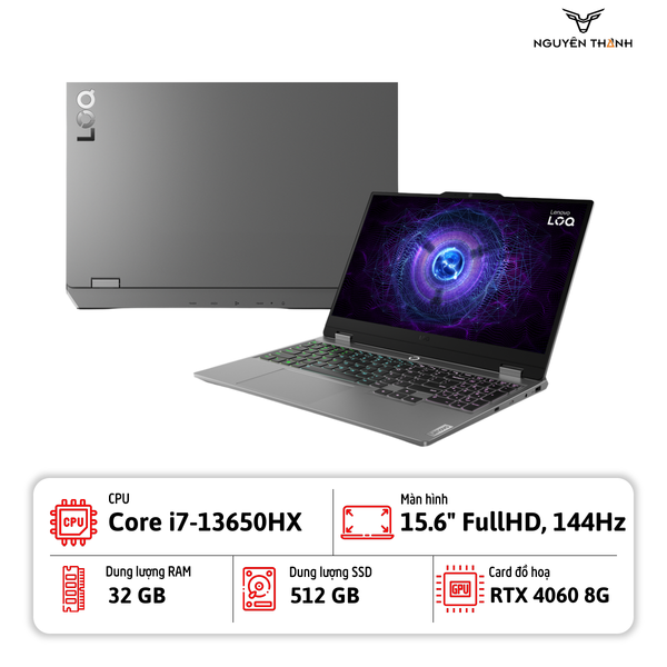 Laptop Gaming Lenovo LOQ 15IRX9 (i7-13650HX, Ram 32GB, SSD 512GB, RTX4060 8GB, 15.6 FHD 144Hz, Win11, Luna Grey)