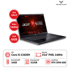 Laptop Acer Nitro V 15 ANV15 (i5-13420H, 16GB RAM, 512GB SSD, RTX 3050 6GB, 15.6'' FHD 144Hz, Win 11, Obsidian Black)