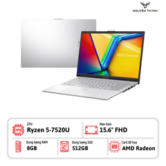 Laptop Asus Vivobook Go 15 E1504FA (Ryzen 5 7520U, 8GB, 512GB, 15.6 inch FHD, AMD Radeon Graphics, Win 11, Bạc)