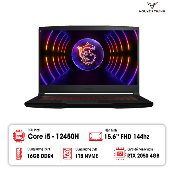 LAPTOP MSI THIN GF63 12UCX-898US (Core i5-12450H, 16GB , 1TB, RTX 2050 4GB, 15.6 inch FHD 144Hz , Win 11, Đen)