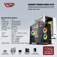 Vỏ case VSP X2 AQUANAUT PREMIUM GAMING M-ATX (ĐEN) Tặng 5 Fan + Hub điều khiển led