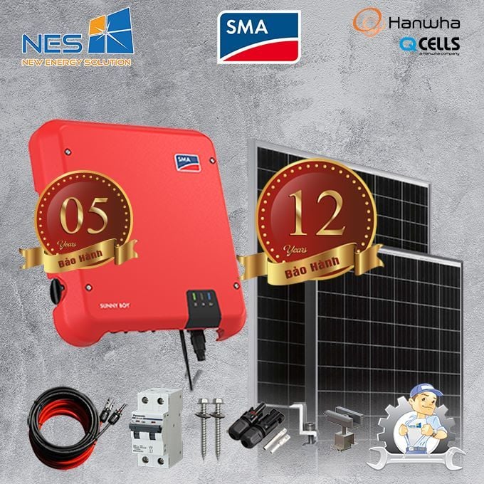 Trọn gói 16 tấm pin mặt trời Hanwha Q cell + Inverter SMA 1 Pha