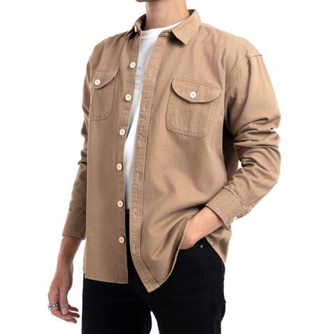 Áo kaki denim túi hộp màu nâu AKKJ01 PIGOFASHION vải wash mịn dáng áo dày dặn