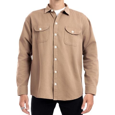 Áo kaki denim túi hộp màu nâu AKKJ01 PIGOFASHION vải wash mịn dáng áo dày dặn