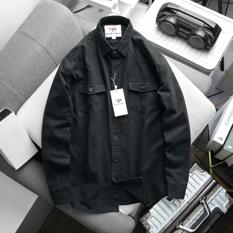 Áo khoác denim kaki túi hộp AKKJ03 PIGOFASHION màu đen vải wash mịn, form nhẹ dáng đứng