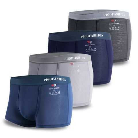 Hộp 4 Quần lót nam boxer thun lạnh lỗ kim cao cấp chính hãng PIGOFASHION bo dệt mác Ép Nhiệt thông hơi Kháng Khuẩn QLBX04