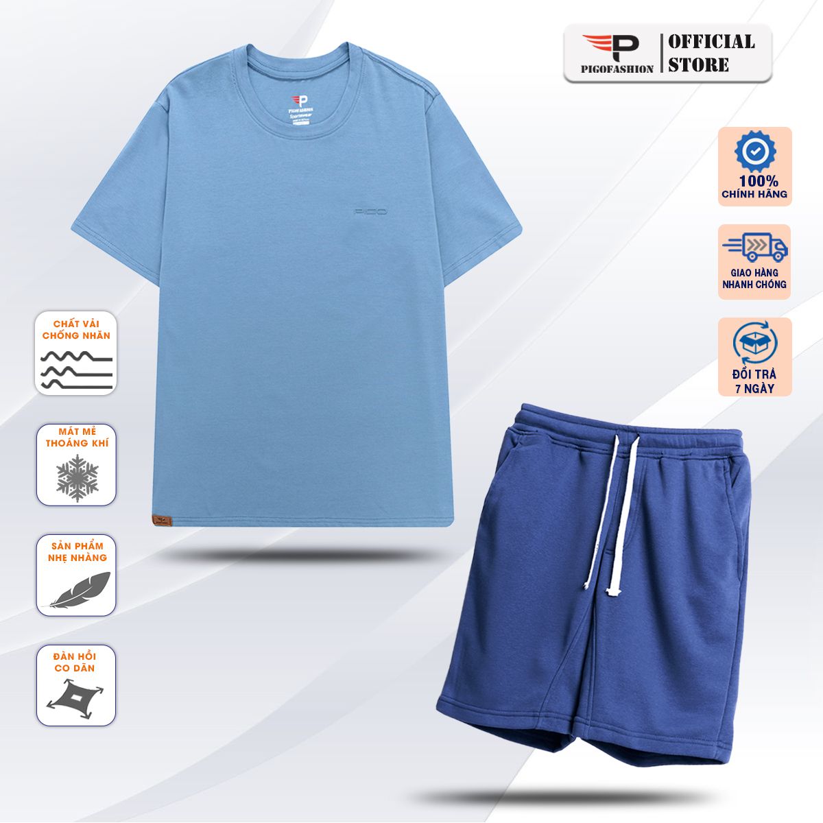 Bộ thể thao nam áo thun cổ tròn cotton, quần short nỉ nam chất lượng giao hàng nhanh ATS08.QSN01 PIGOFASHION