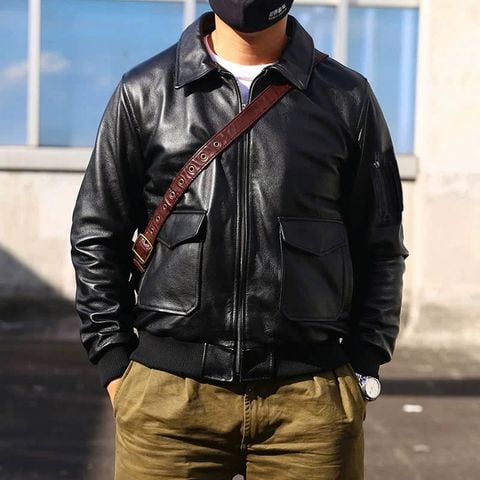 Áo khoác da nam biker cổ bẻ bomber lót dù cổ điển cao cấp AD38