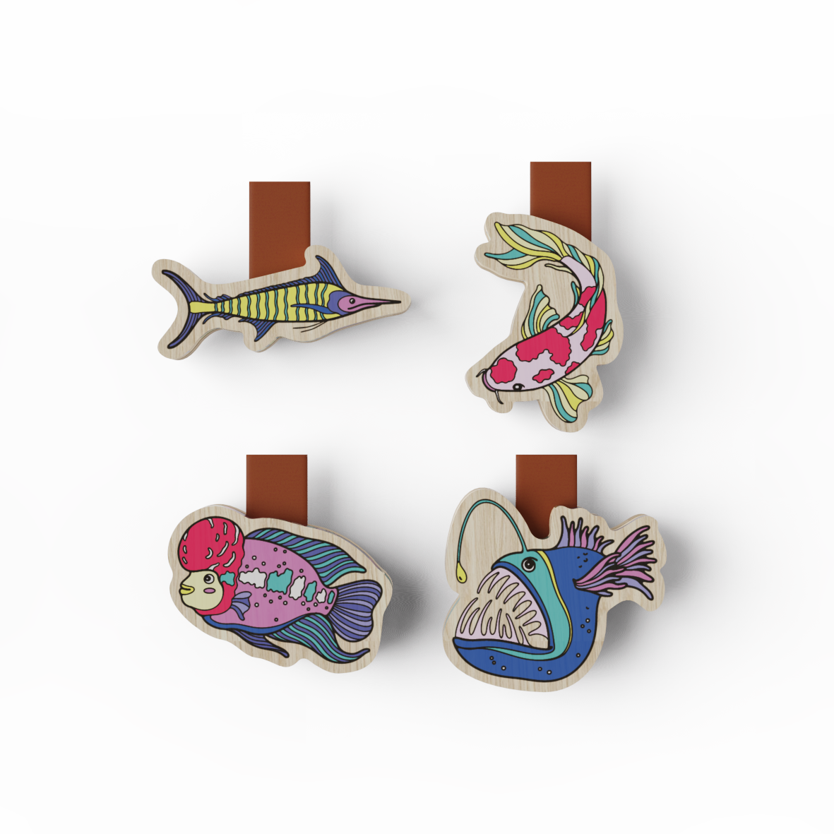  Wooden Bookmark (Set 4) - Fish & Bird 