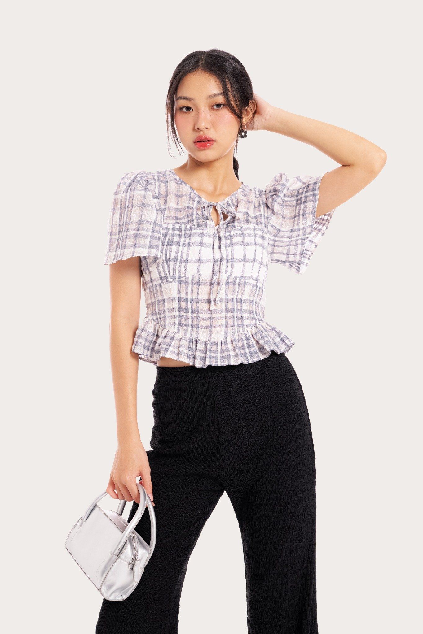  Vintage Checked Peplum Top 