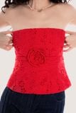  Hot Red Flower Embellished Eyelet Tube Top 