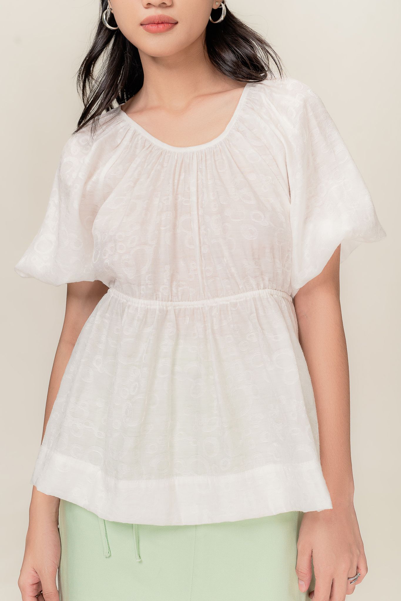  White Ruched Babydoll Textured Top 