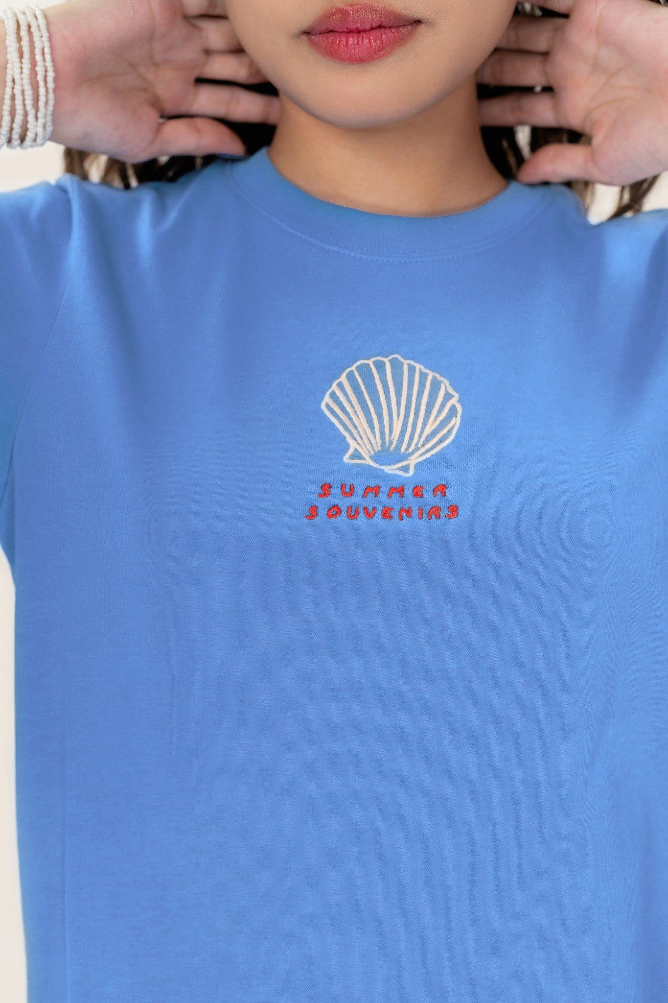  Ocean Blue Seashell Embroidered T-shirt 