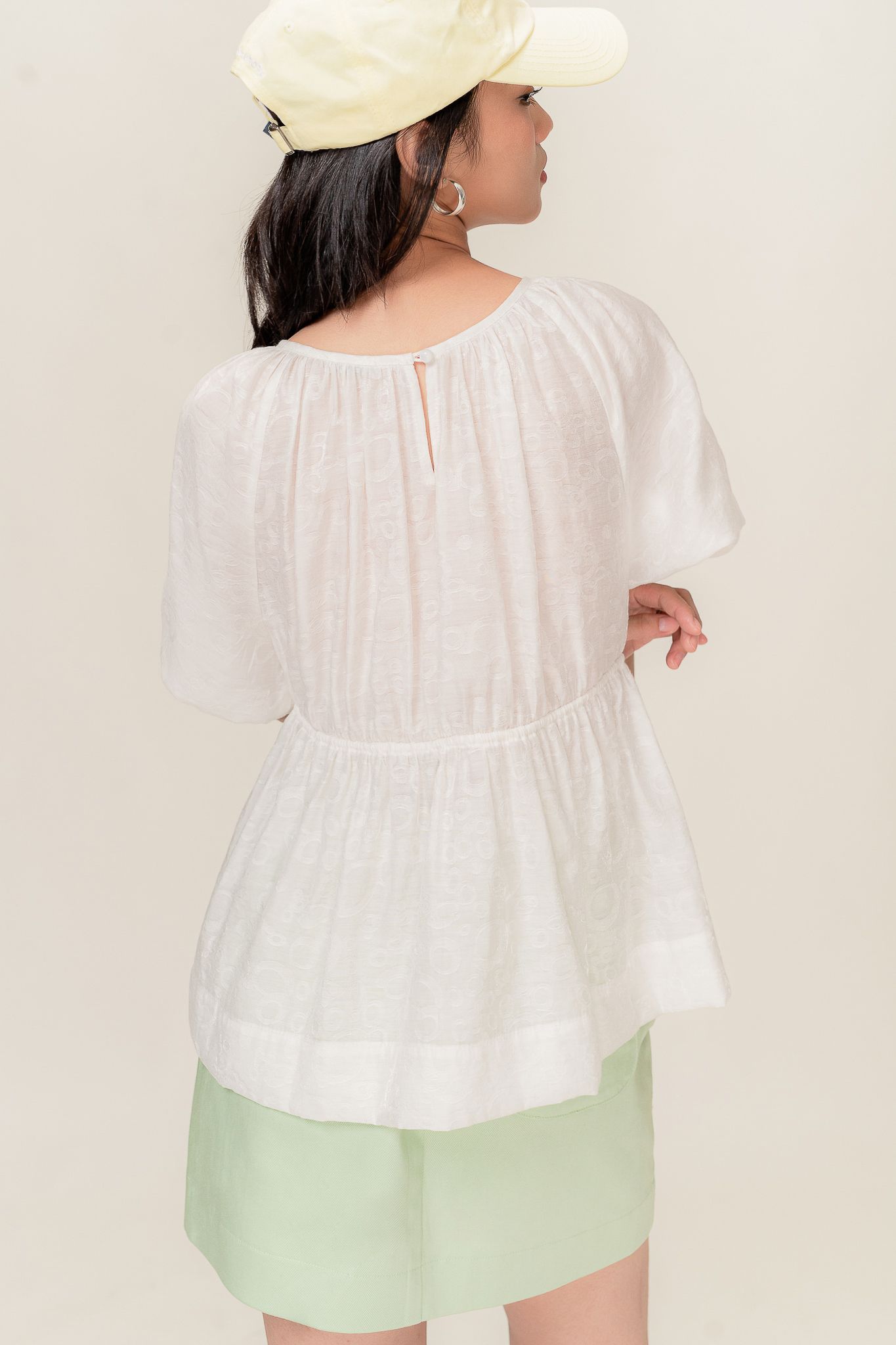  White Ruched Babydoll Textured Top 