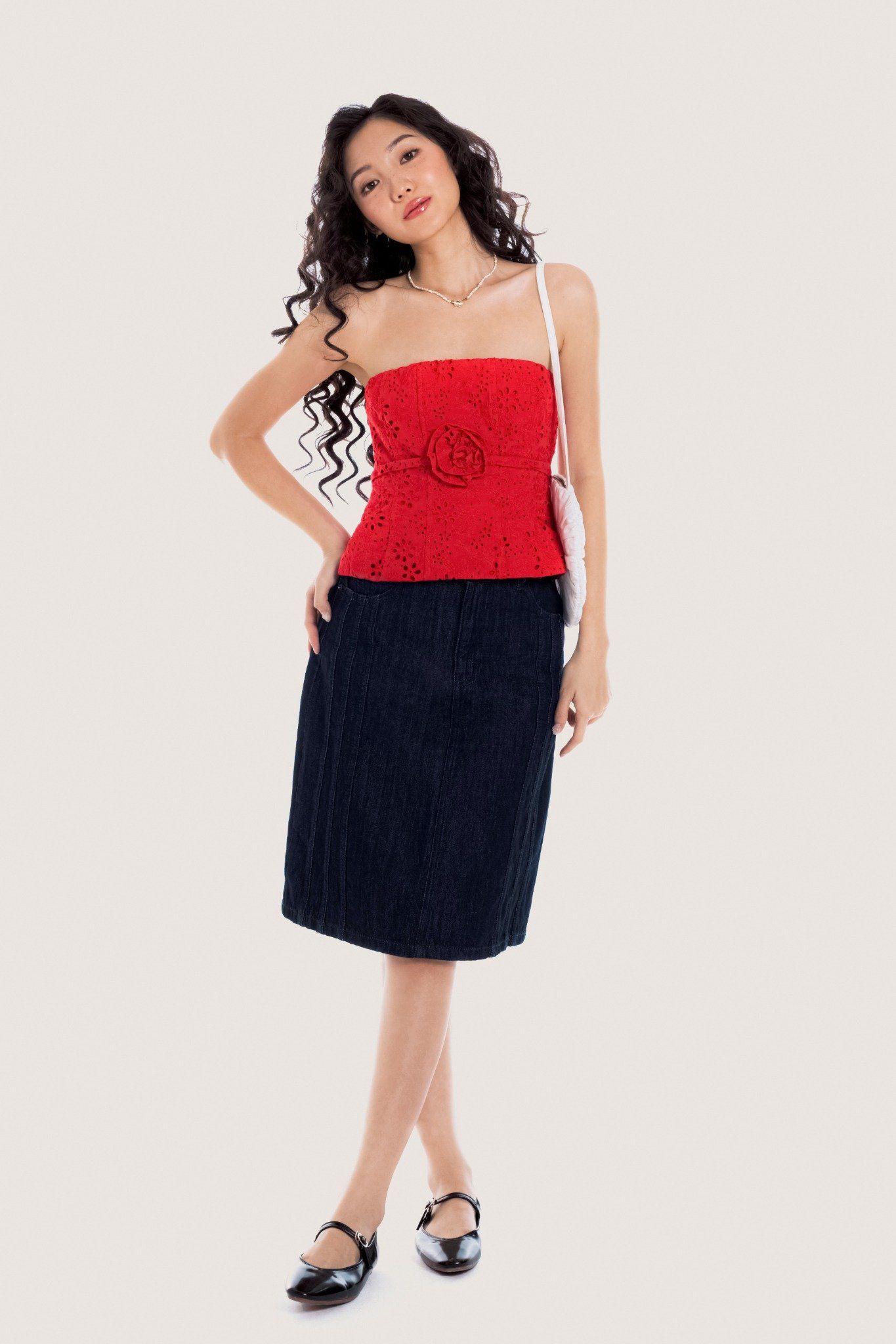  Hot Red Flower Embellished Eyelet Tube Top 