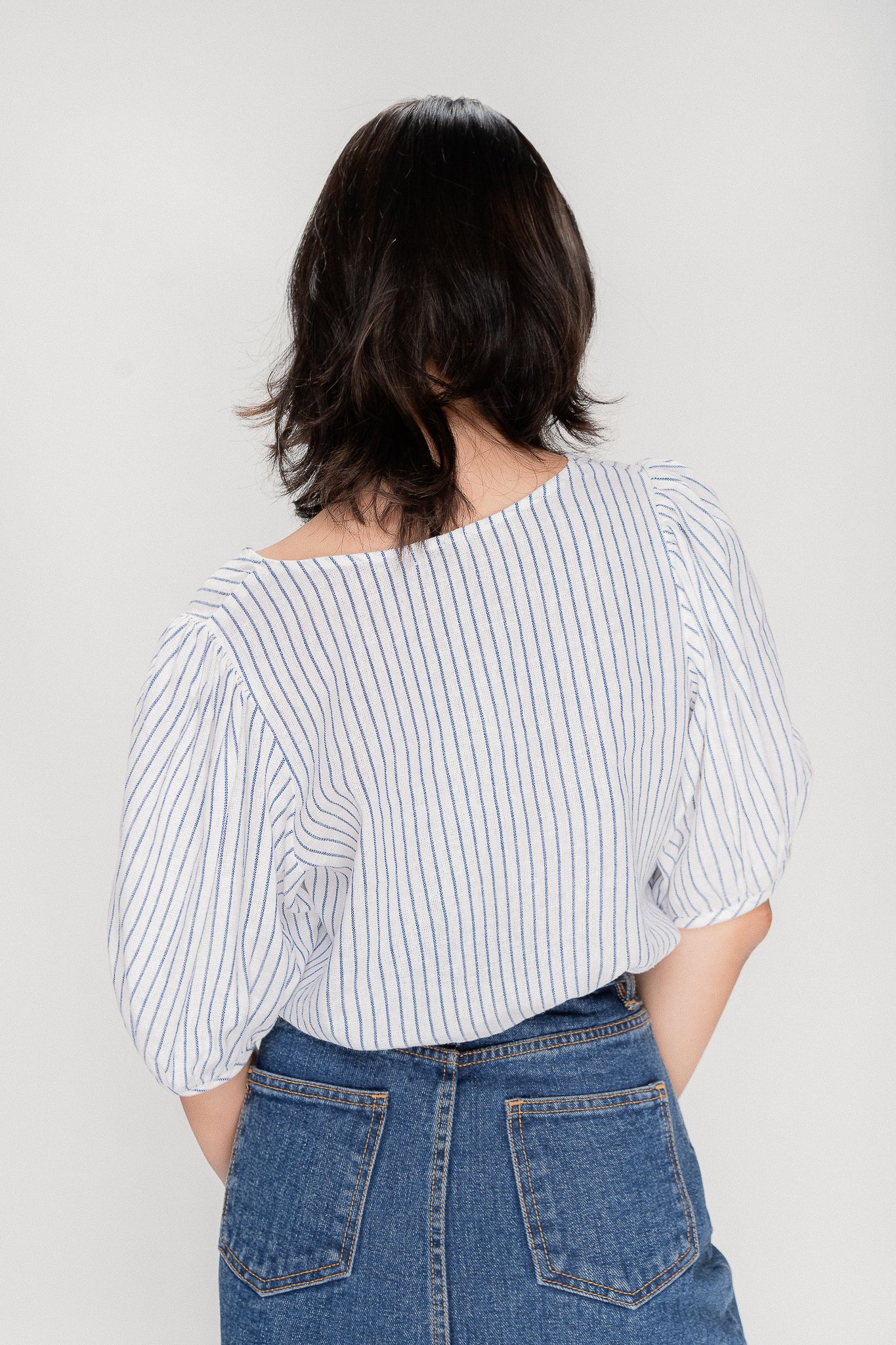  Striped Puff Sleeve Linen Crop Top 