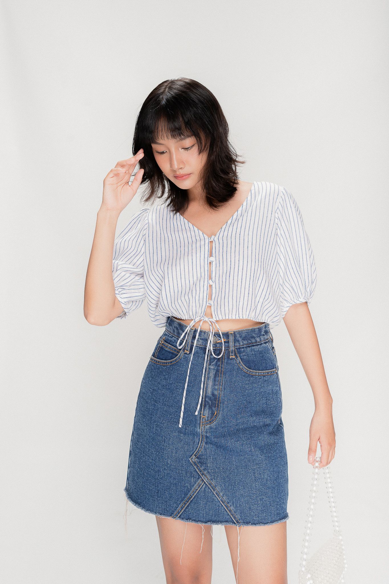  Striped Puff Sleeve Linen Crop Top 