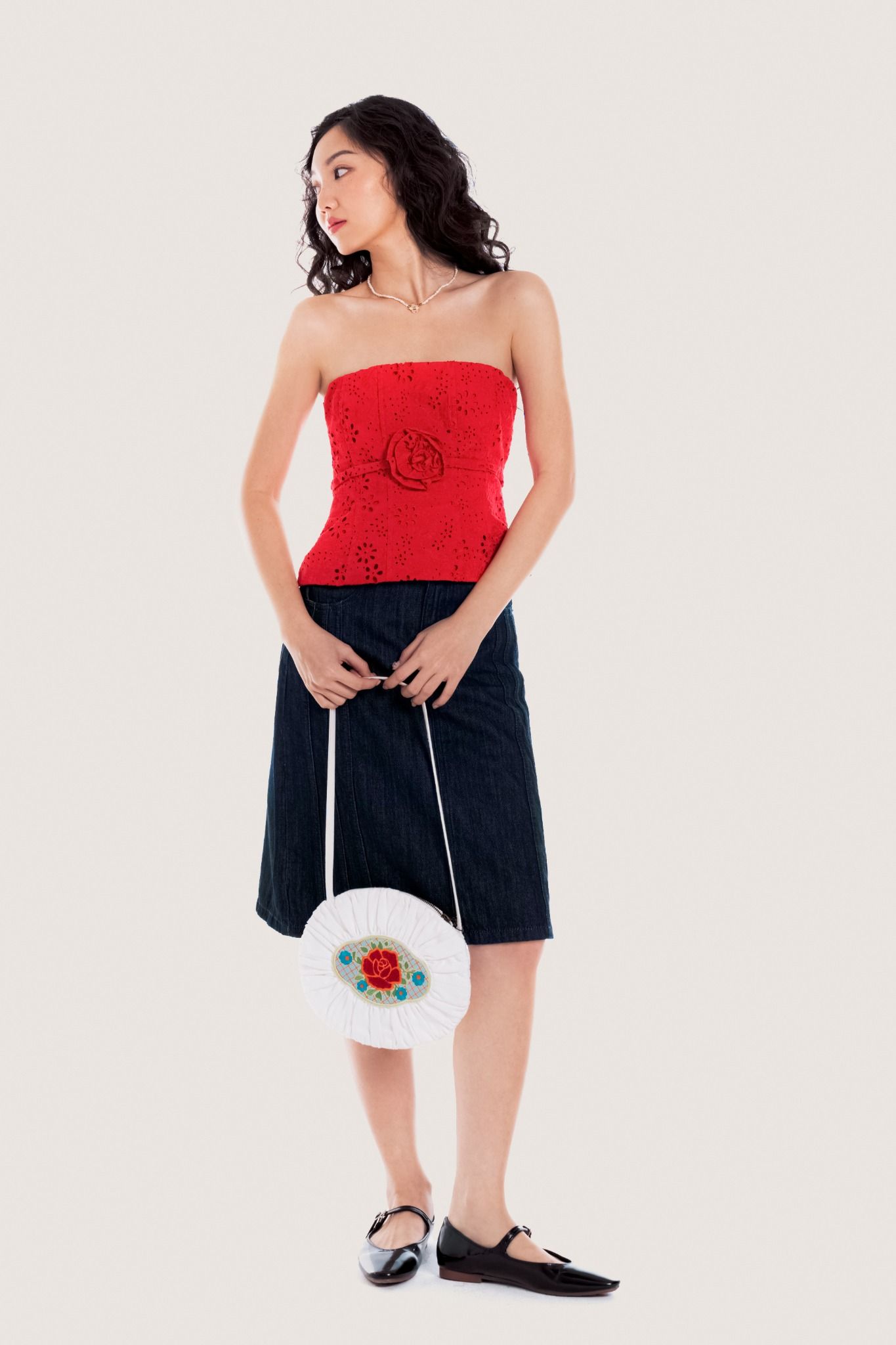  Hot Red Flower Embellished Eyelet Tube Top 